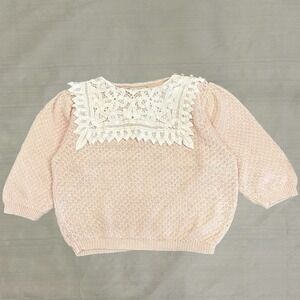 VTG 80s Granny Silk Cotton Knit Sweater Pink Lace Bib Pearl Detail Cottage Small